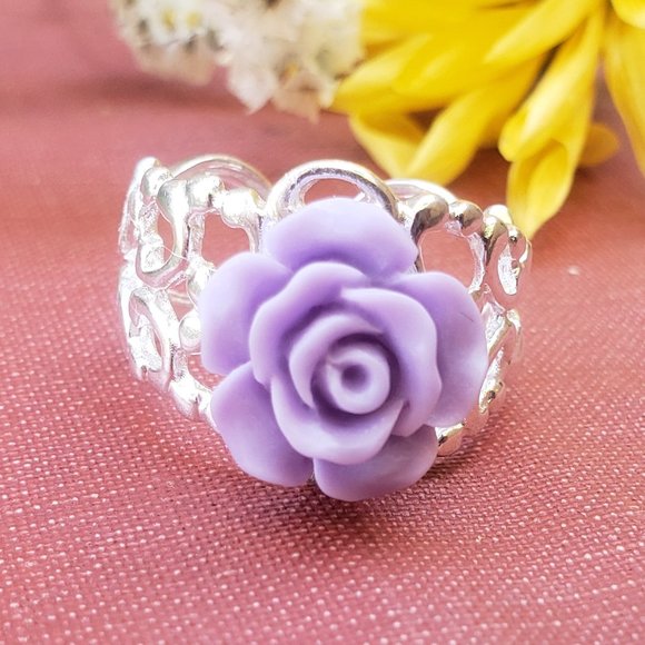 Silver Lavender Rose Lace Ring - Picture 7 of 8